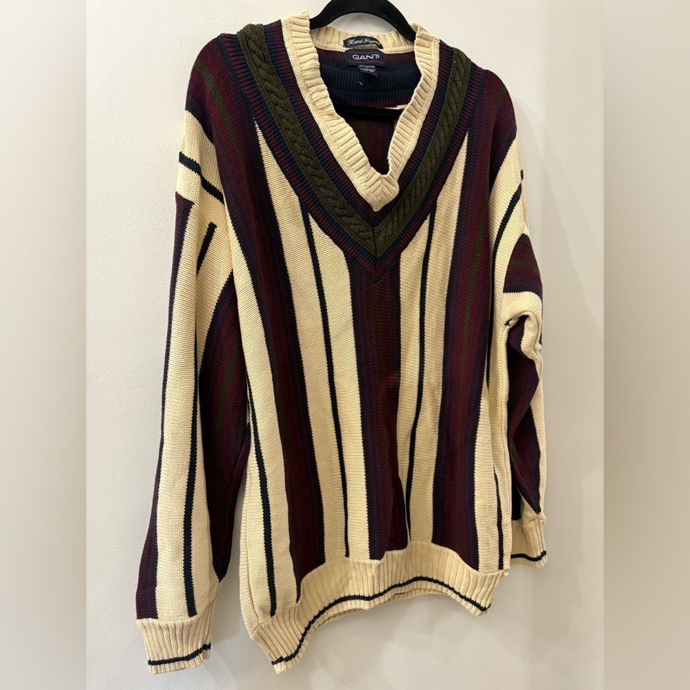 GANT Cream and Burgundy V-Neck Sweater - Mens large - 100% cotton
